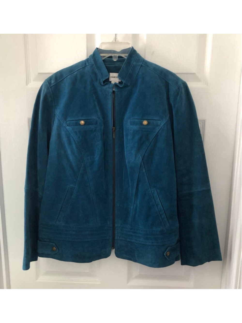 Chicos Size 2 (Size 12/L) Genuine Suede Bomber Moto Jacket Vintage Y2K Teal Blue